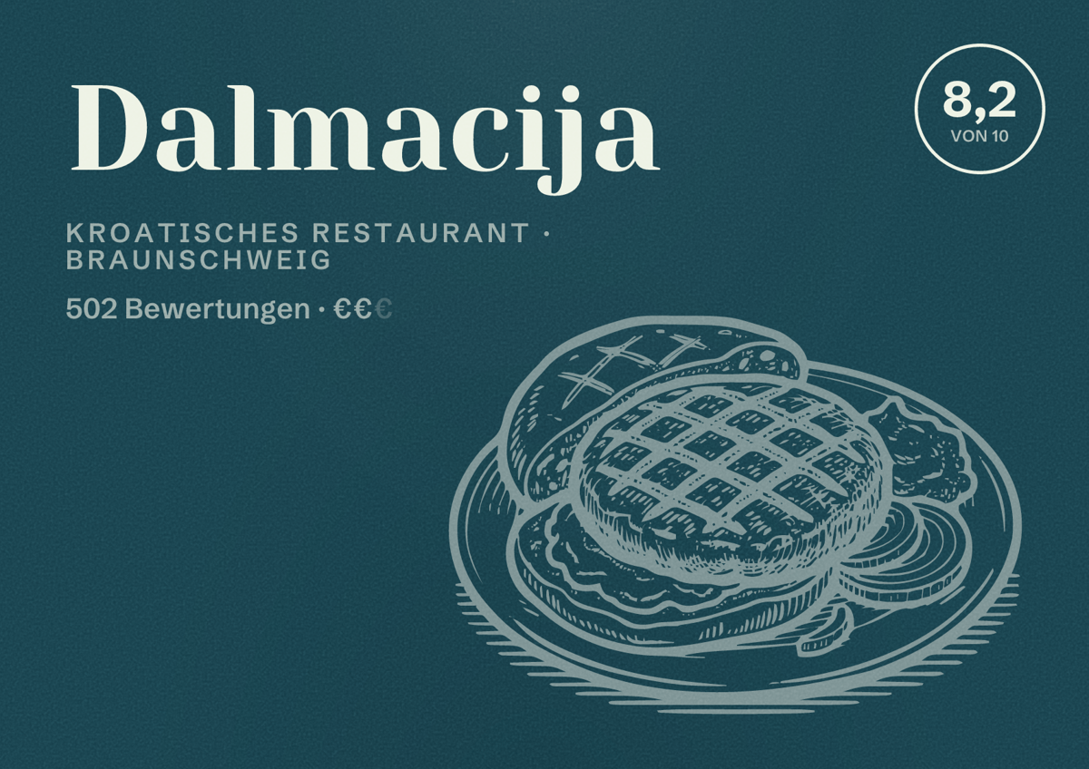 Illustriertes Poster von Dalmacija, Kroatisches Restaurant in Braunschweig: Bewertung 8,2 von 10 aus 502 Bewertungen, Preisniveau €€