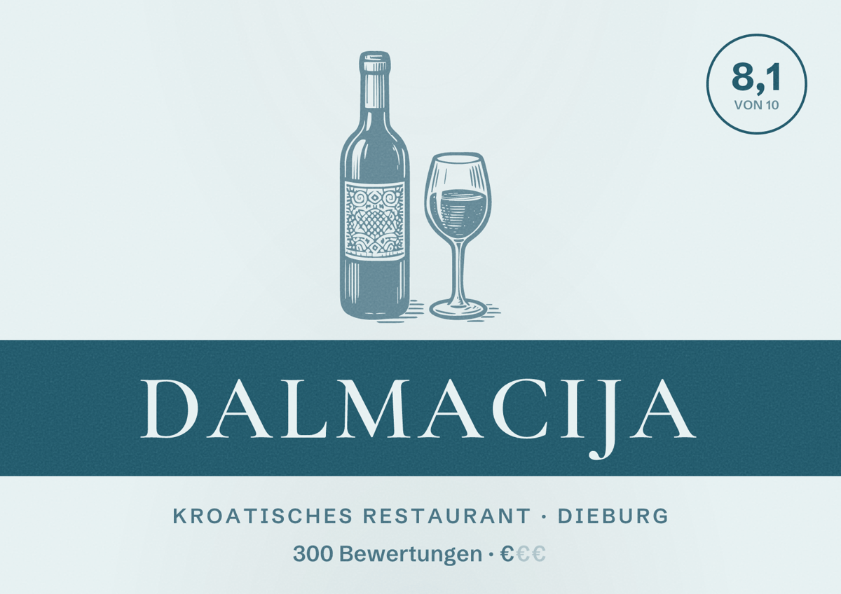 Illustriertes Poster von Dalmacija, Kroatisches Restaurant in Dieburg: Bewertung 8,1 von 10 aus 300 Bewertungen, Preisniveau €