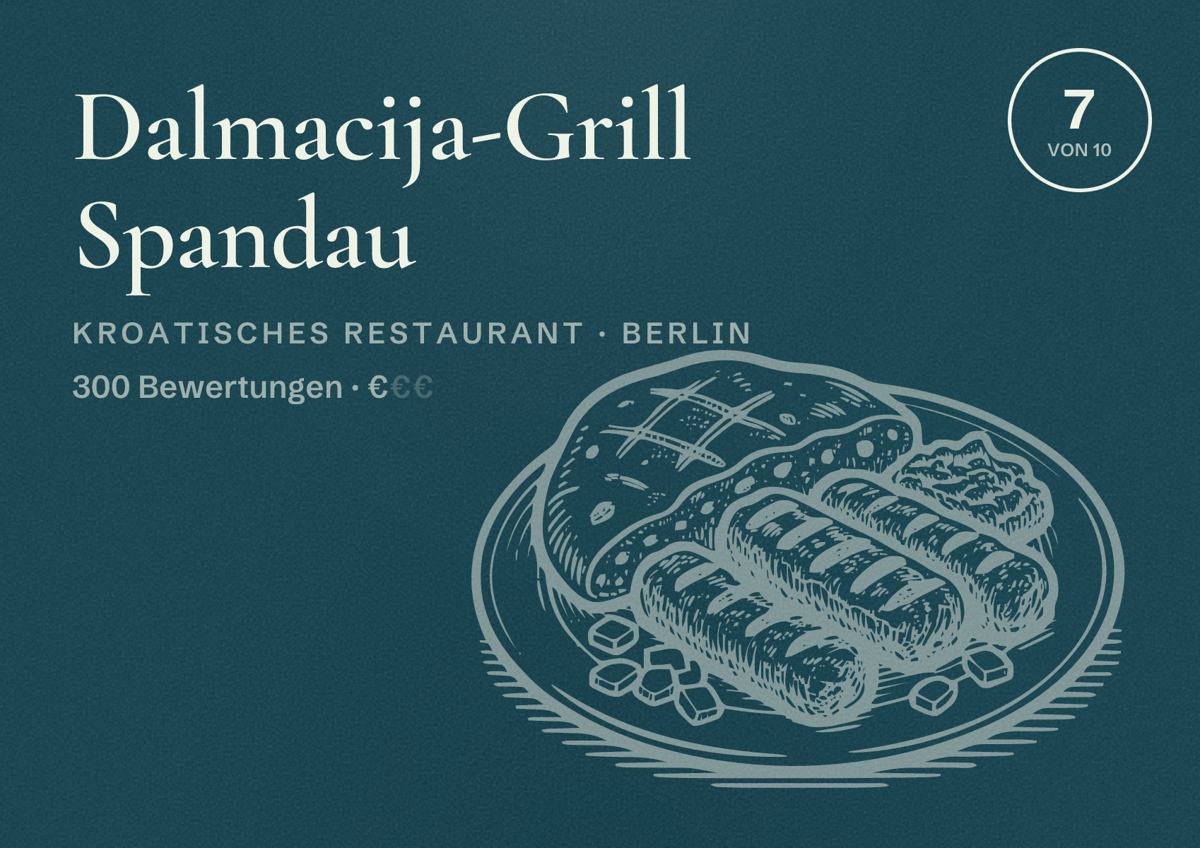 Illustriertes Poster von Dalmacija-Grill Spandau, Kroatisches Restaurant in Berlin: Bewertung 7,0 von 10 aus 300 Bewertungen, Preisniveau €