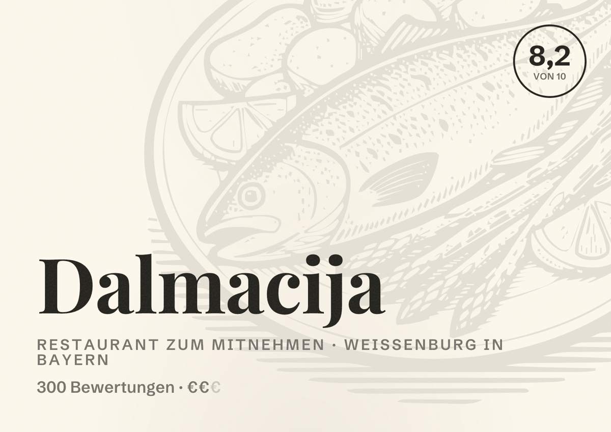 Illustriertes Poster von Dalmacija, Restaurant zum Mitnehmen in Weißenburg in Bayern: Bewertung 8,2 von 10 aus 300 Bewertungen, Preisniveau €€
