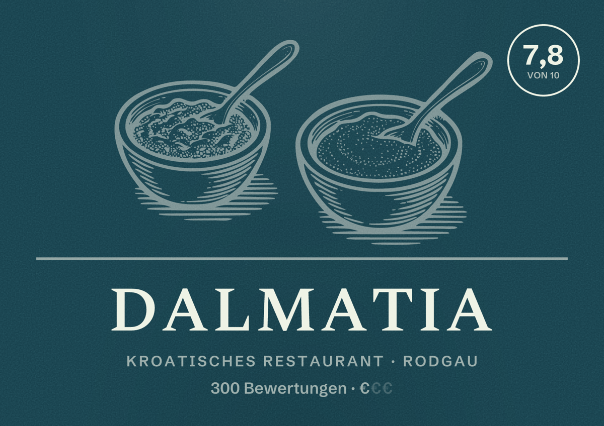 Illustriertes Poster von Dalmatia, Kroatisches Restaurant in Rodgau: Bewertung 7,8 von 10 aus 300 Bewertungen, Preisniveau €