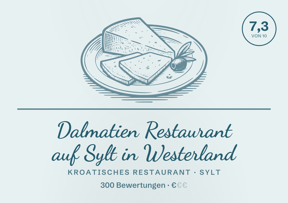 Illustriertes Poster von Dalmatien Restaurant auf Sylt in Westerland, Kroatisches Restaurant in Sylt: Bewertung 7,3 von 10 aus 300 Bewertungen, Preisniveau €
