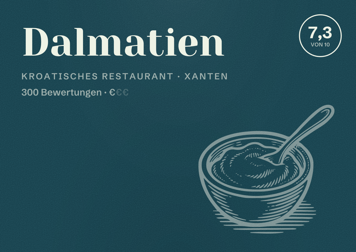 Illustriertes Poster von Dalmatien, Kroatisches Restaurant in Xanten: Bewertung 7,3 von 10 aus 300 Bewertungen, Preisniveau €