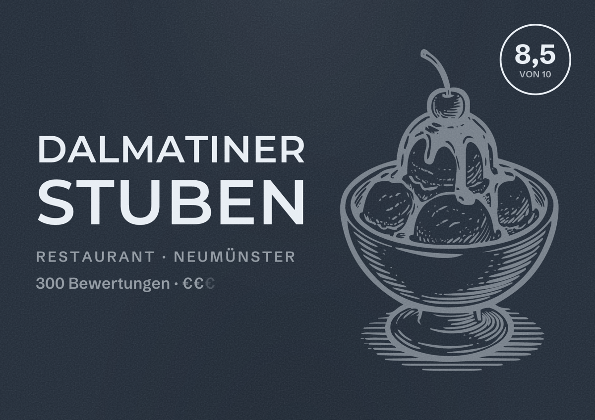 Illustriertes Poster von Dalmatiner Stuben, Restaurant in Neumünster: Bewertung 8,5 von 10 aus 300 Bewertungen, Preisniveau €€