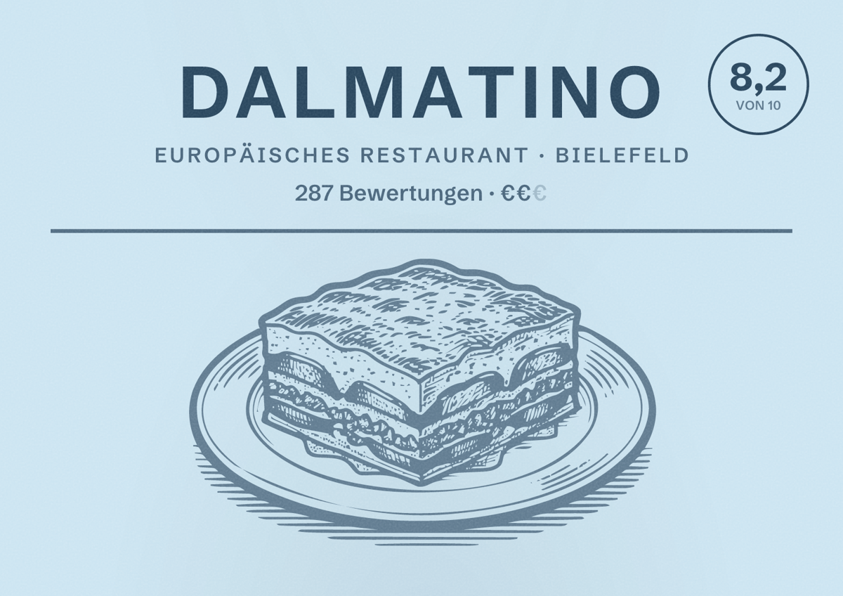 Illustriertes Poster von Dalmatino, Europäisches Restaurant in Bielefeld: Bewertung 8,2 von 10 aus 287 Bewertungen, Preisniveau €€