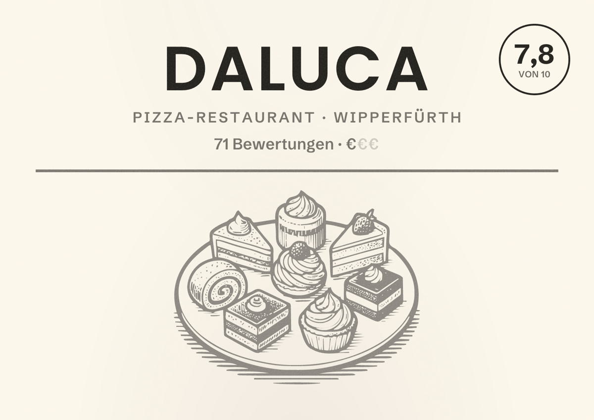Illustriertes Poster von DaLuca, Pizza-Restaurant in Wipperfürth: Bewertung 7,8 von 10 aus 71 Bewertungen, Preisniveau €