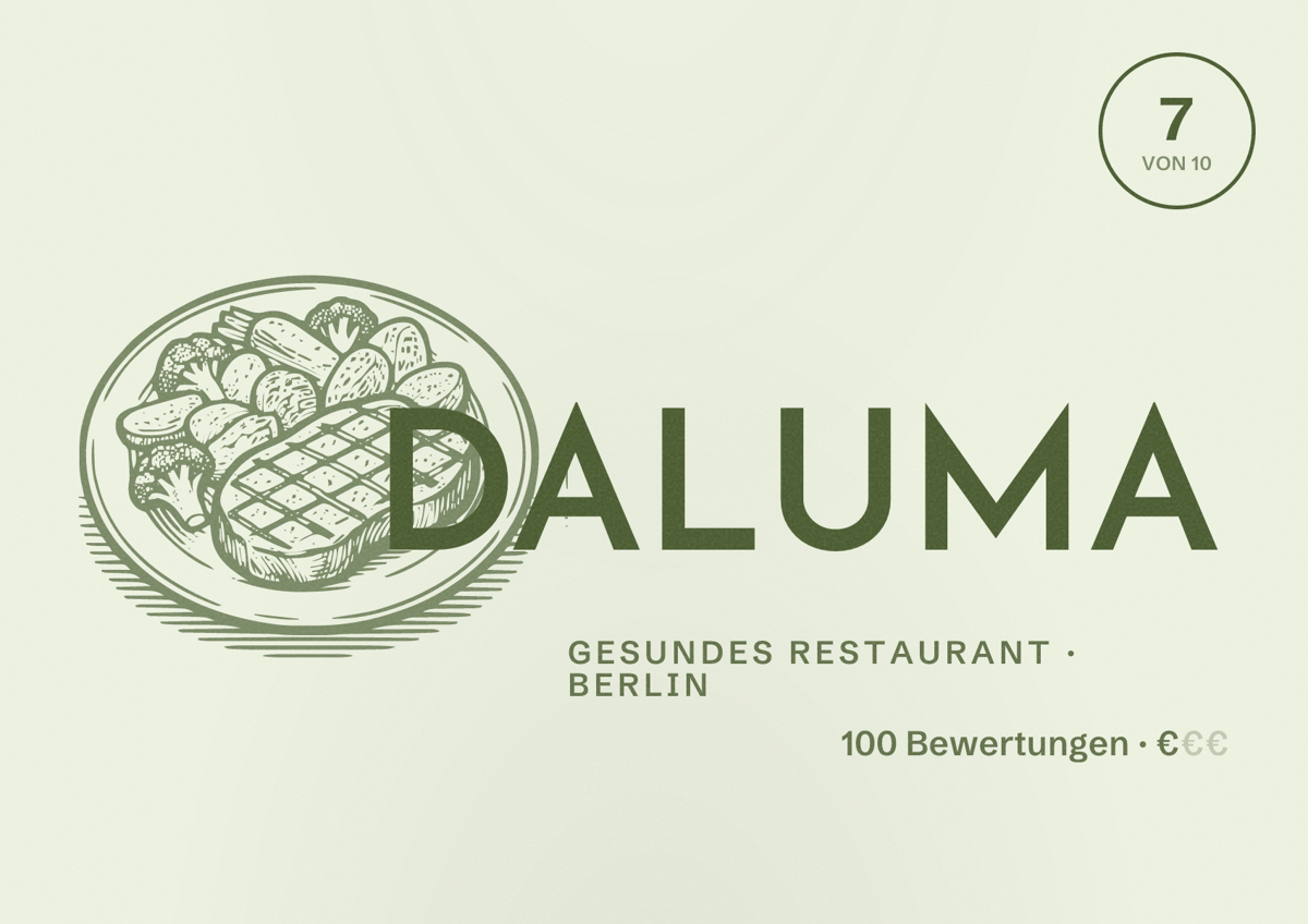 Illustriertes Poster von DALUMA, Gesundes Restaurant in Berlin: Bewertung 7 von 10 aus 100 Bewertungen, Preisniveau €€