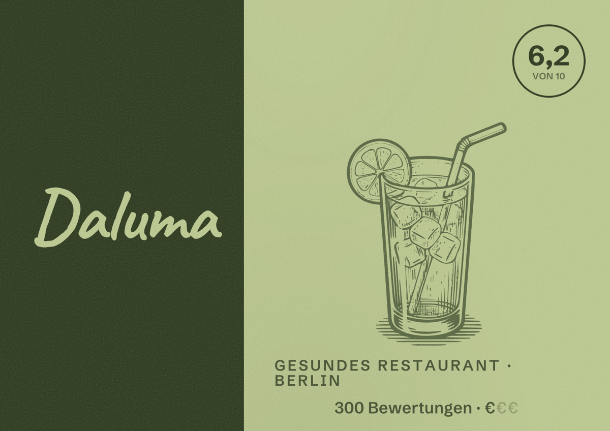 Illustriertes Poster von Daluma, Gesundes Restaurant in Berlin: Bewertung 6,2 von 10 aus 300 Bewertungen, Preisniveau €