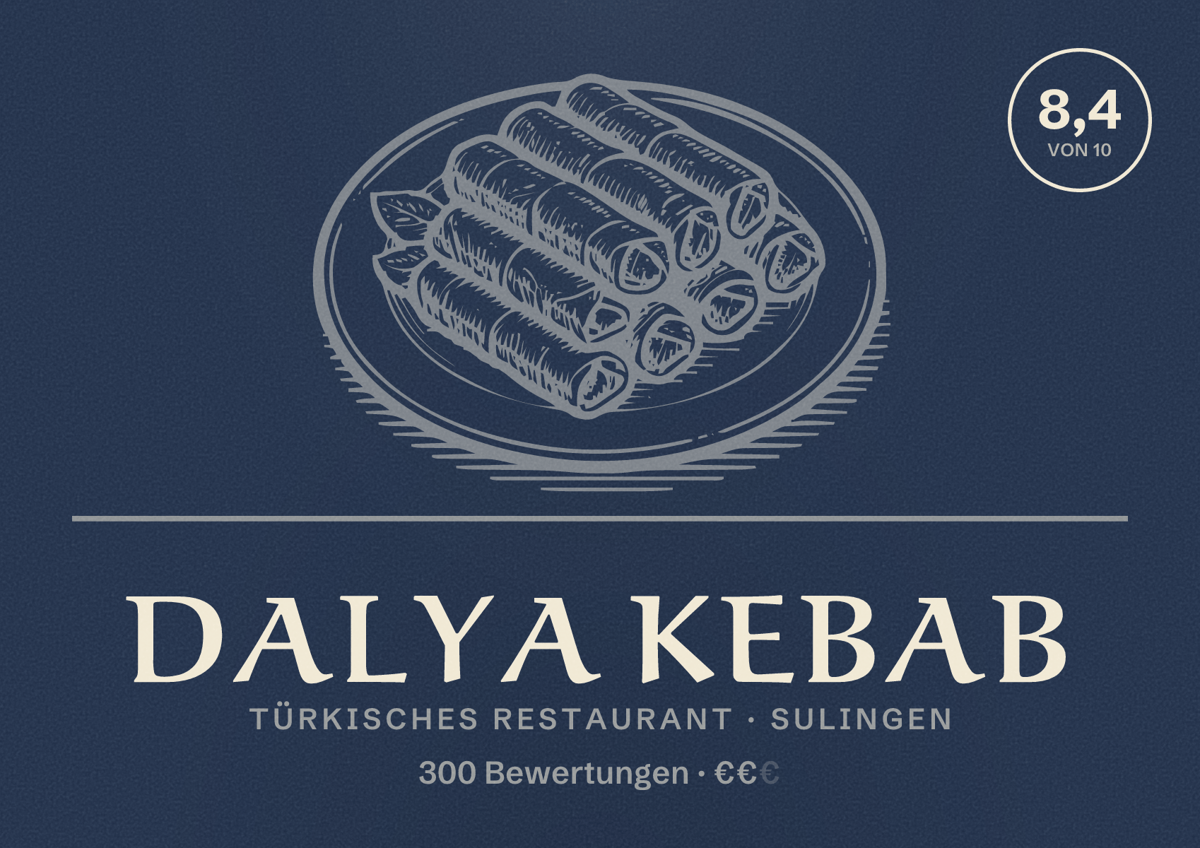 Illustriertes Poster von Dalya Kebab, Türkisches Restaurant in Sulingen: Bewertung 8,4 von 10 aus 300 Bewertungen, Preisniveau €€