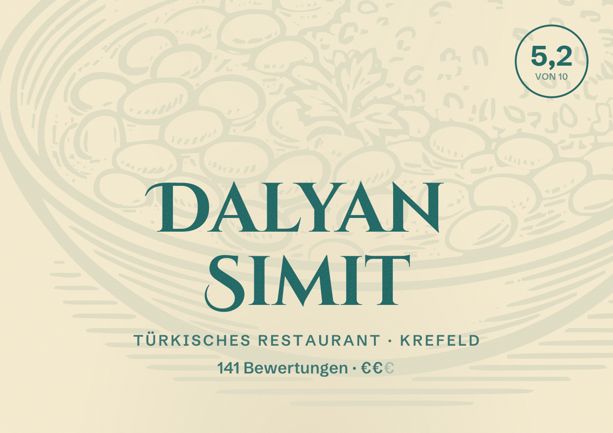Illustriertes Poster von Dalyan Simit, Türkisches Restaurant in Krefeld: Gästebewertung 5,2 von 10 aus 141 Bewertungen