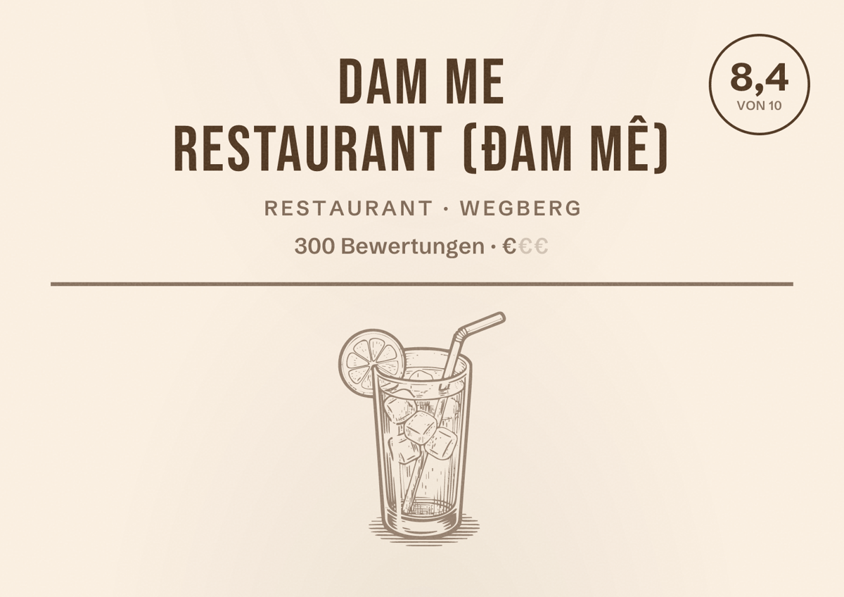 Illustriertes Poster von Dam Me Restaurant (Đam Mê), Restaurant in Wegberg: Bewertung 8,4 von 10 aus 300 Bewertungen, Preisniveau €