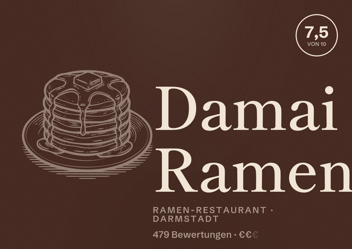 Illustriertes Poster von Damai Ramen, Ramen-Restaurant in Darmstadt: Bewertung 7,5 von 10 aus 479 Bewertungen, Preisniveau €€