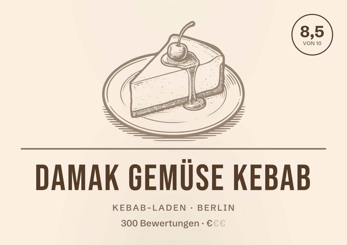 Illustriertes Poster von Damak Gemüse Kebab, Kebab-Laden in Berlin: Bewertung 8,5 von 10 aus 300 Bewertungen, Preisniveau €
