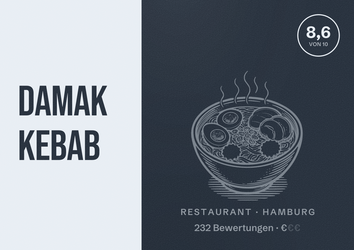 Illustriertes Poster von Damak Kebab, Restaurant in Hamburg: Bewertung 8,6 von 10 aus 232 Bewertungen, Preisniveau €