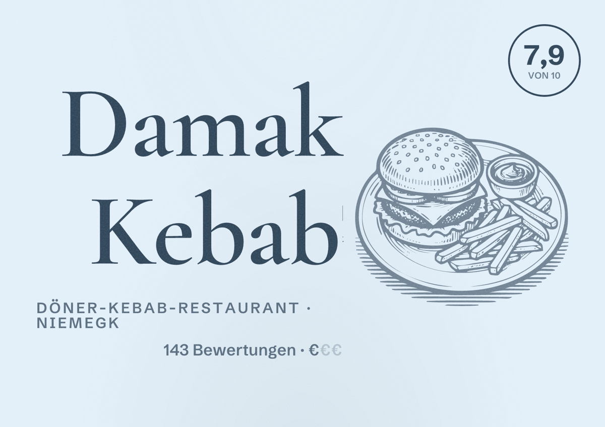 Illustriertes Poster von Damak Kebab, Döner-Kebab-Restaurant in Niemegk: Bewertung 7,9 von 10 aus 143 Bewertungen, Preisniveau €
