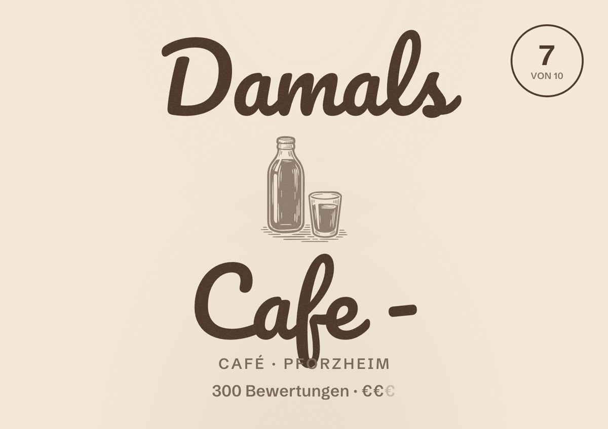 Illustriertes Poster von Damals Cafe -, Café in Pforzheim: Bewertung 7 von 10 aus 300 Bewertungen, Preisniveau €€