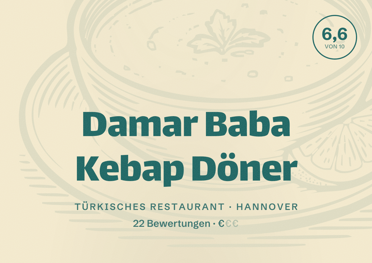 Illustriertes Poster von Damar Baba Kebap Döner, Türkisches Restaurant in Hannover: Bewertung 6,6 von 10 aus 22 Bewertungen, Preisniveau €