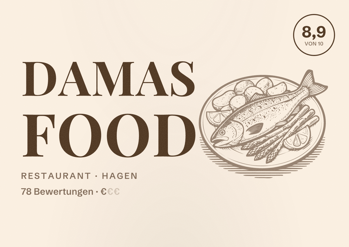 Illustriertes Poster von Damas Food, Restaurant in Hagen: Bewertung 8,9 von 10 aus 78 Bewertungen, Preisniveau €