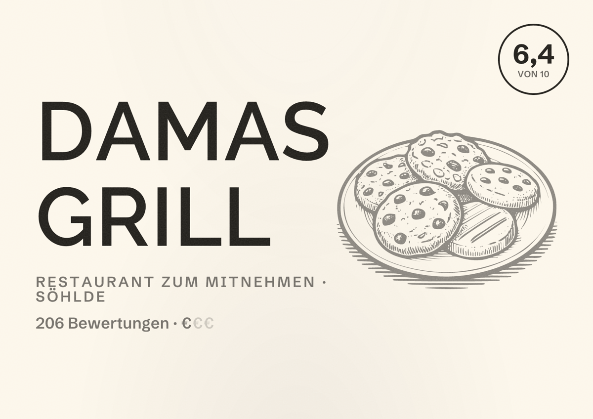 Illustriertes Poster von Damas Grill, Restaurant zum Mitnehmen in Söhlde: Bewertung 6,4 von 10 aus 206 Bewertungen, Preisniveau €