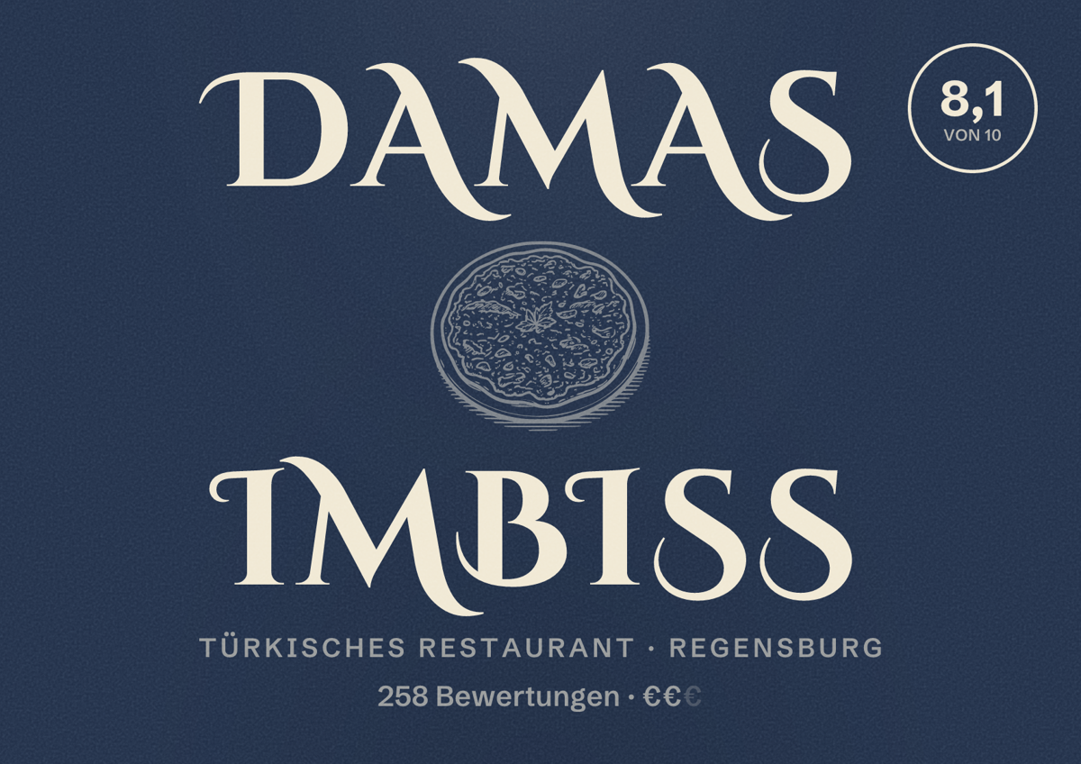 Illustriertes Poster von DAMAS Imbiss, Türkisches Restaurant in Regensburg: Bewertung 8,1 von 10 aus 258 Bewertungen, Preisniveau €€