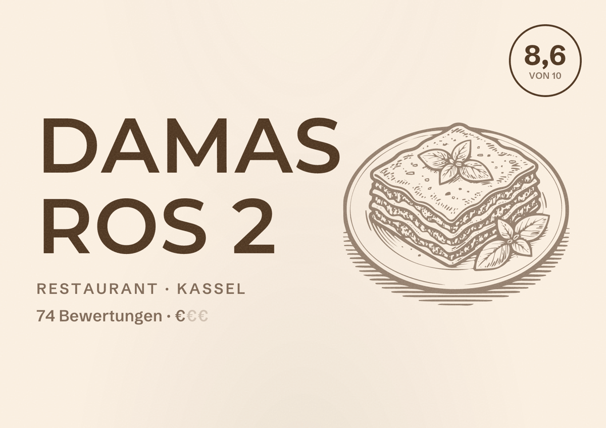 Illustriertes Poster von Damas Ros 2, Restaurant in Kassel: Bewertung 8,6 von 10 aus 74 Bewertungen, Preisniveau €