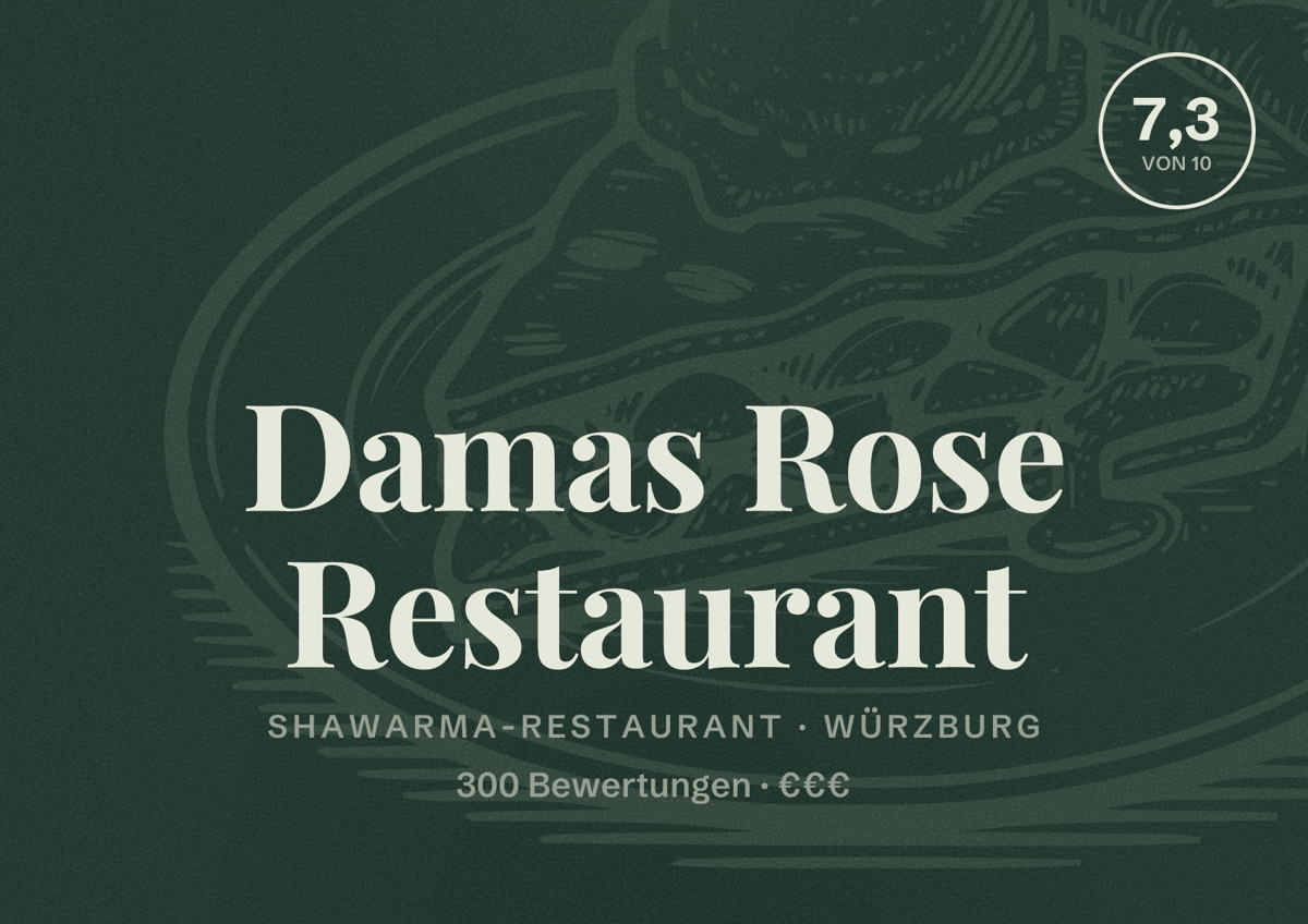 Illustriertes Poster von Damas Rose Restaurant, Shawarma-Restaurant in Würzburg: Bewertung 7,3 von 10 aus 300 Bewertungen, Preisniveau €€€