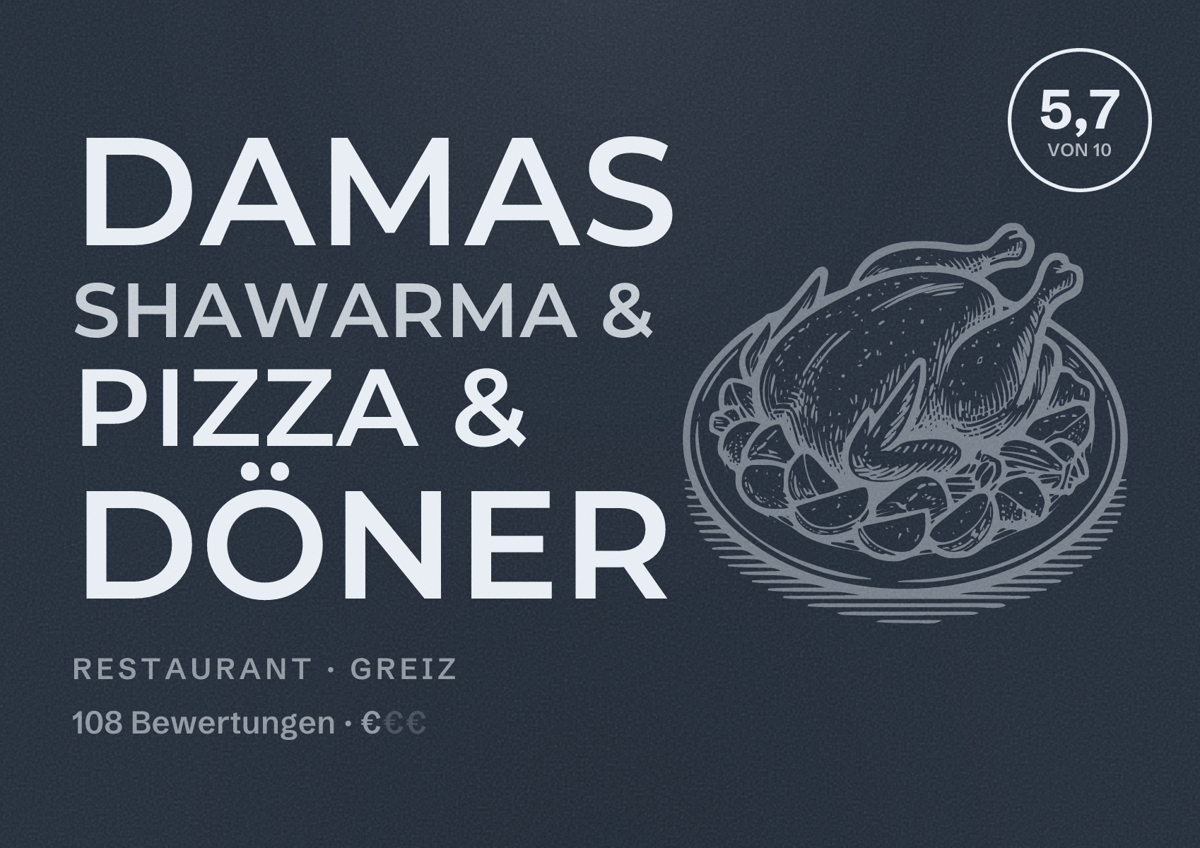 Illustriertes Poster von DAMAS SHAWARMA & PIZZA & DöNER, Restaurant in Greiz: Bewertung 5,7 von 10 aus 108 Bewertungen, Preisniveau €