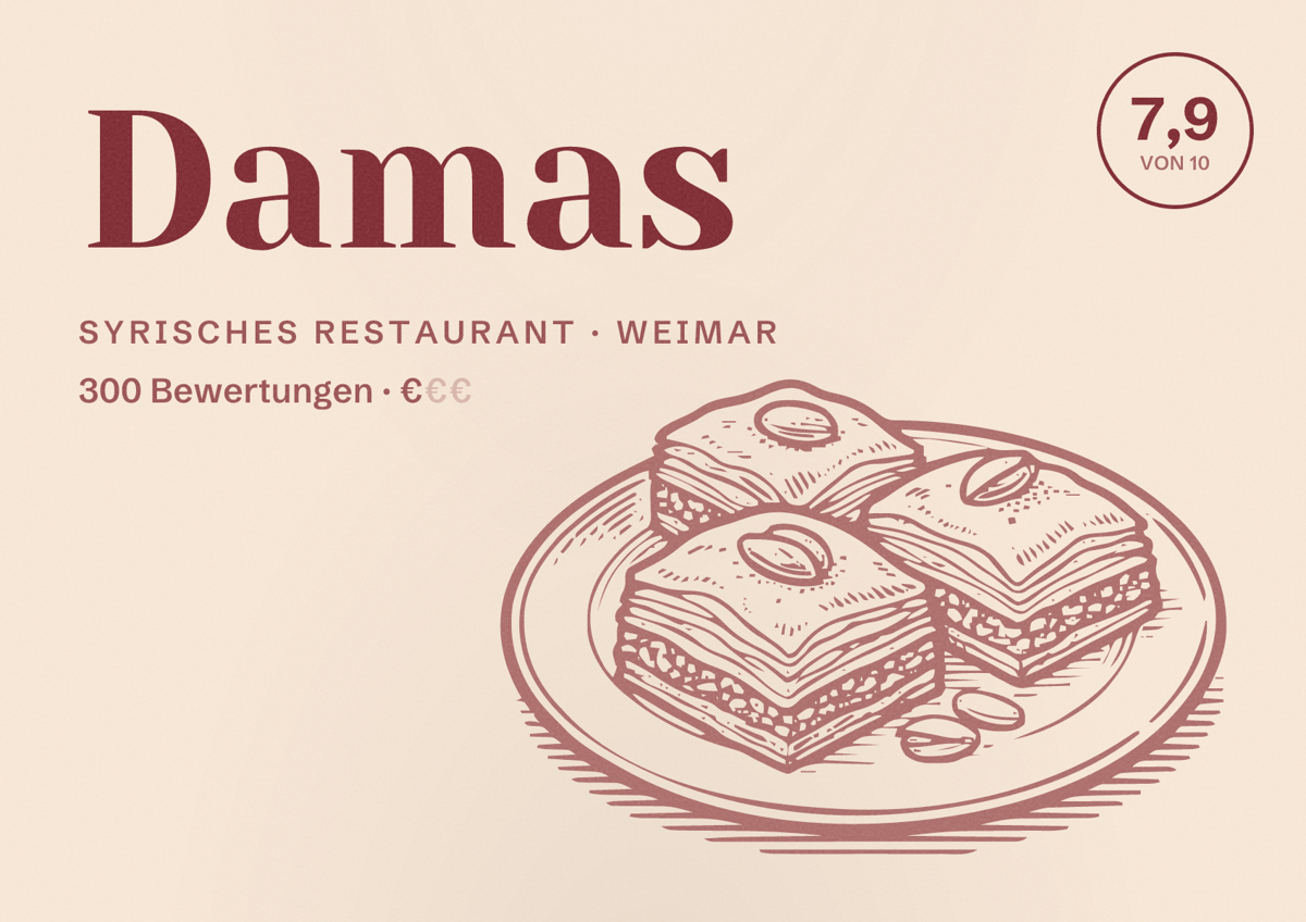 Illustriertes Poster von Damas, Syrisches Restaurant in Weimar: Bewertung 7,9 von 10 aus 300 Bewertungen, Preisniveau €