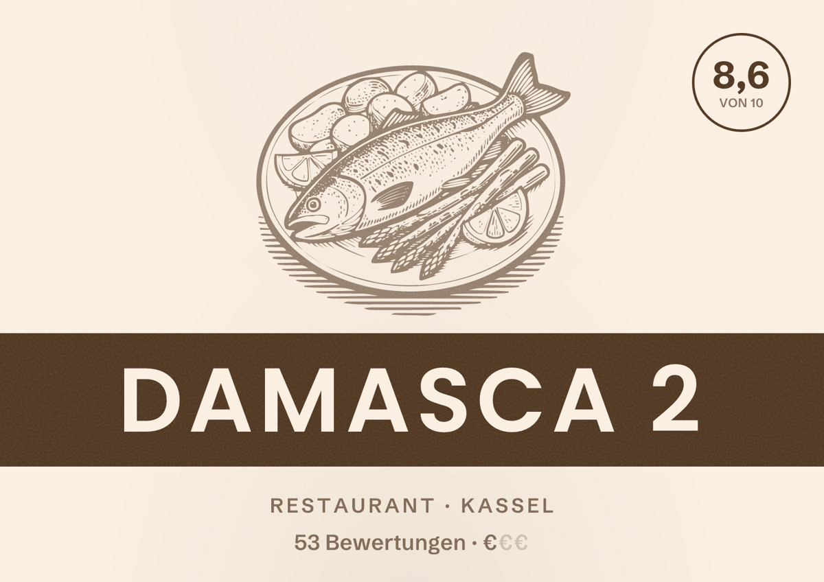 Illustriertes Poster von Damasca 2, Restaurant in Kassel: Bewertung 8,6 von 10 aus 53 Bewertungen, Preisniveau €