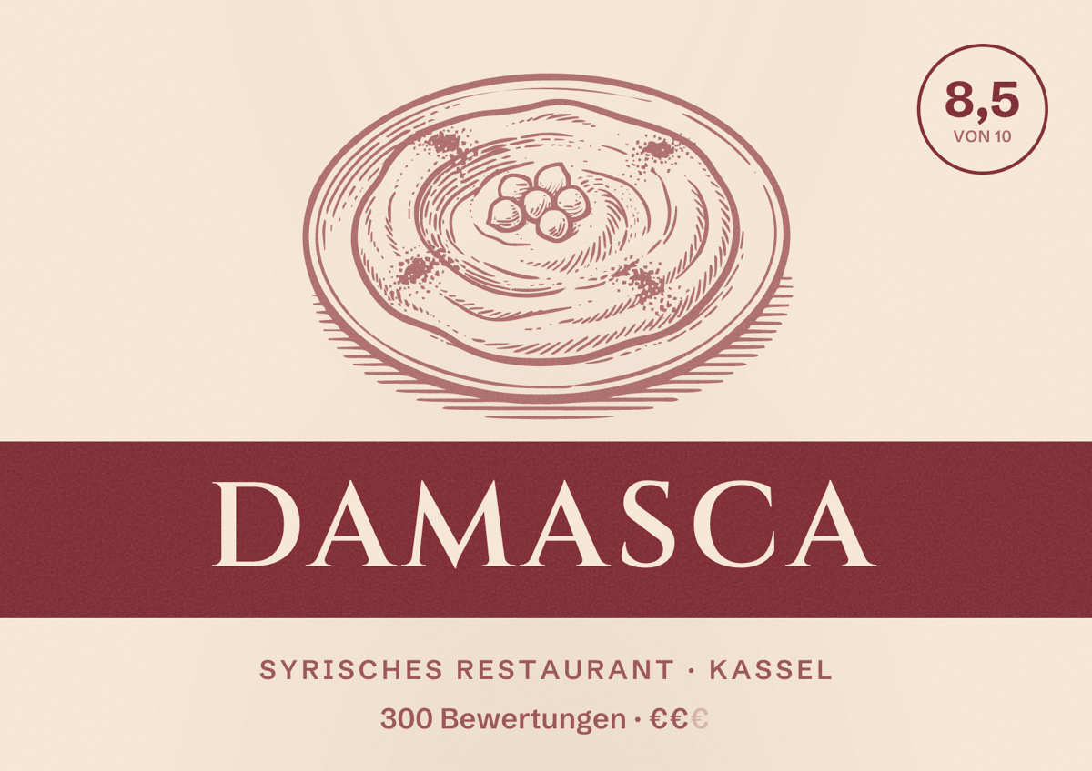 Illustriertes Poster von Damasca, Syrisches Restaurant in Kassel: Bewertung 8,5 von 10 aus 300 Bewertungen, Preisniveau €€