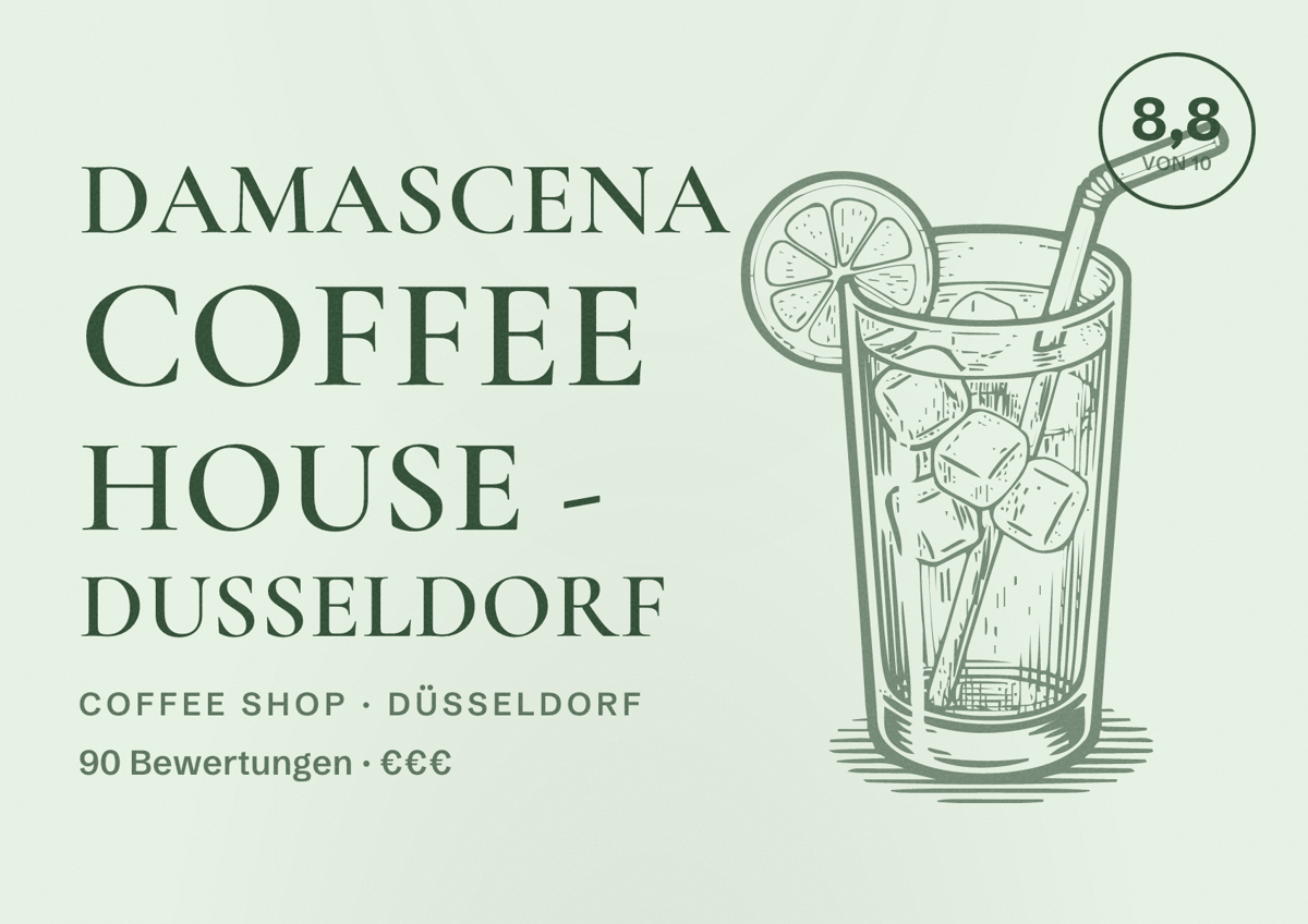 Illustriertes Poster von Damascena Coffee House - Dusseldorf, Coffee Shop in Düsseldorf: Bewertung 8,8 von 10 aus 90 Bewertungen, Preisniveau €€€