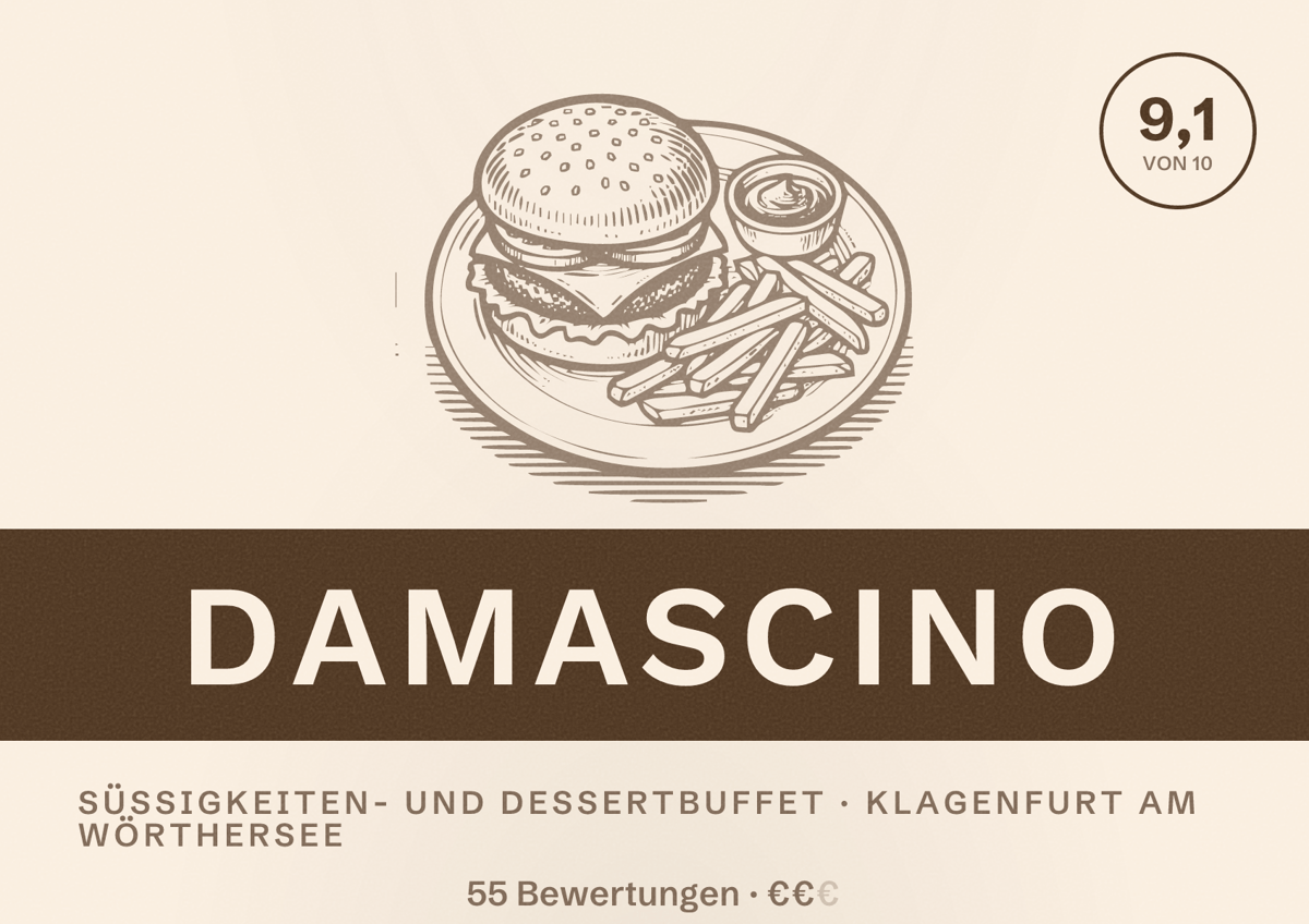 Illustriertes Poster von Damascino, Süßigkeiten- und Dessertbuffet in Klagenfurt am Wörthersee: Bewertung 9,1 von 10 aus 55 Bewertungen, Preisniveau €€