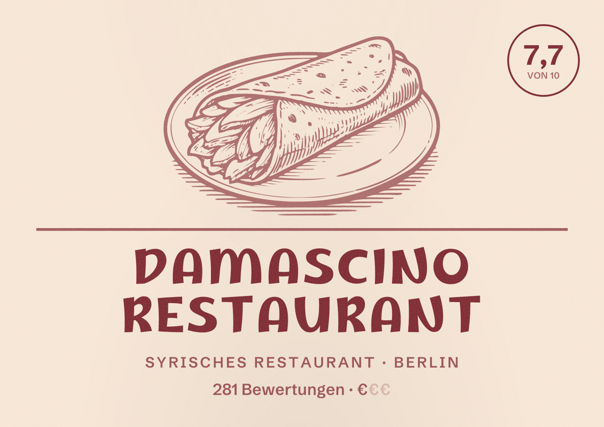 Illustriertes Poster von Damascino Restaurant, Syrisches Restaurant in Berlin: Bewertung 7,7 von 10 aus 281 Bewertungen, Preisniveau €