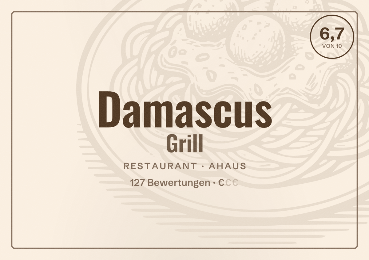 Illustriertes Poster von Damascus Grill, Restaurant in Ahaus: Bewertung 6,7 von 10 aus 127 Bewertungen, Preisniveau €