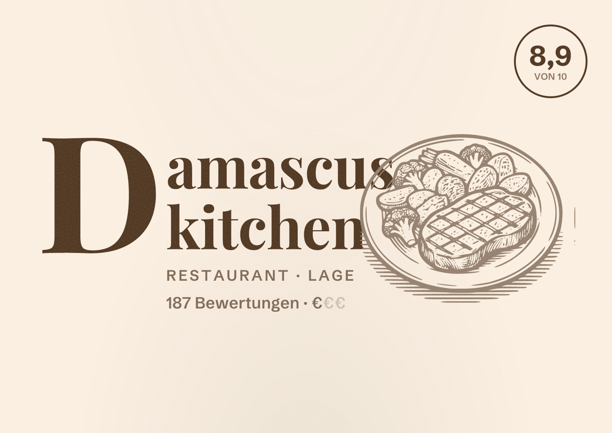Illustriertes Poster von Damascus kitchen, Restaurant in Lage: Bewertung 8,9 von 10 aus 187 Bewertungen, Preisniveau €