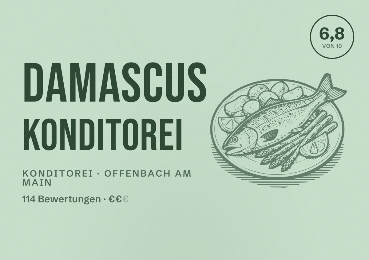 Illustriertes Poster von Damascus Konditorei, Konditorei in Offenbach am Main: Bewertung 6,8 von 10 aus 114 Bewertungen, Preisniveau €€