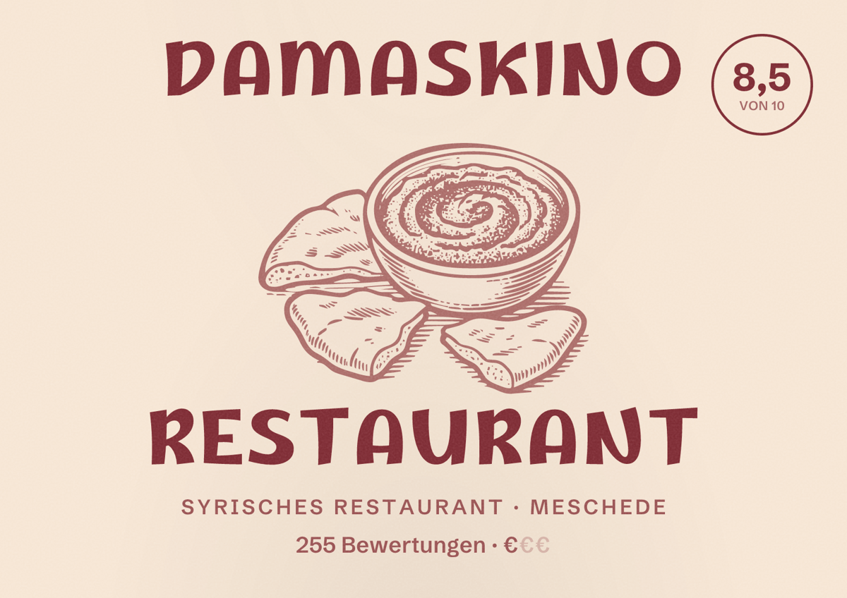 Illustriertes Poster von Damaskino Restaurant, Syrisches Restaurant in Meschede: Bewertung 8,5 von 10 aus 255 Bewertungen, Preisniveau €