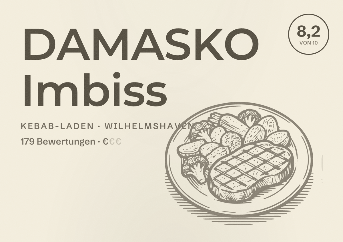 Illustriertes Poster von DAMASKO Imbiss, Kebab-Laden in Wilhelmshaven: Bewertung 8,2 von 10 aus 179 Bewertungen, Preisniveau €