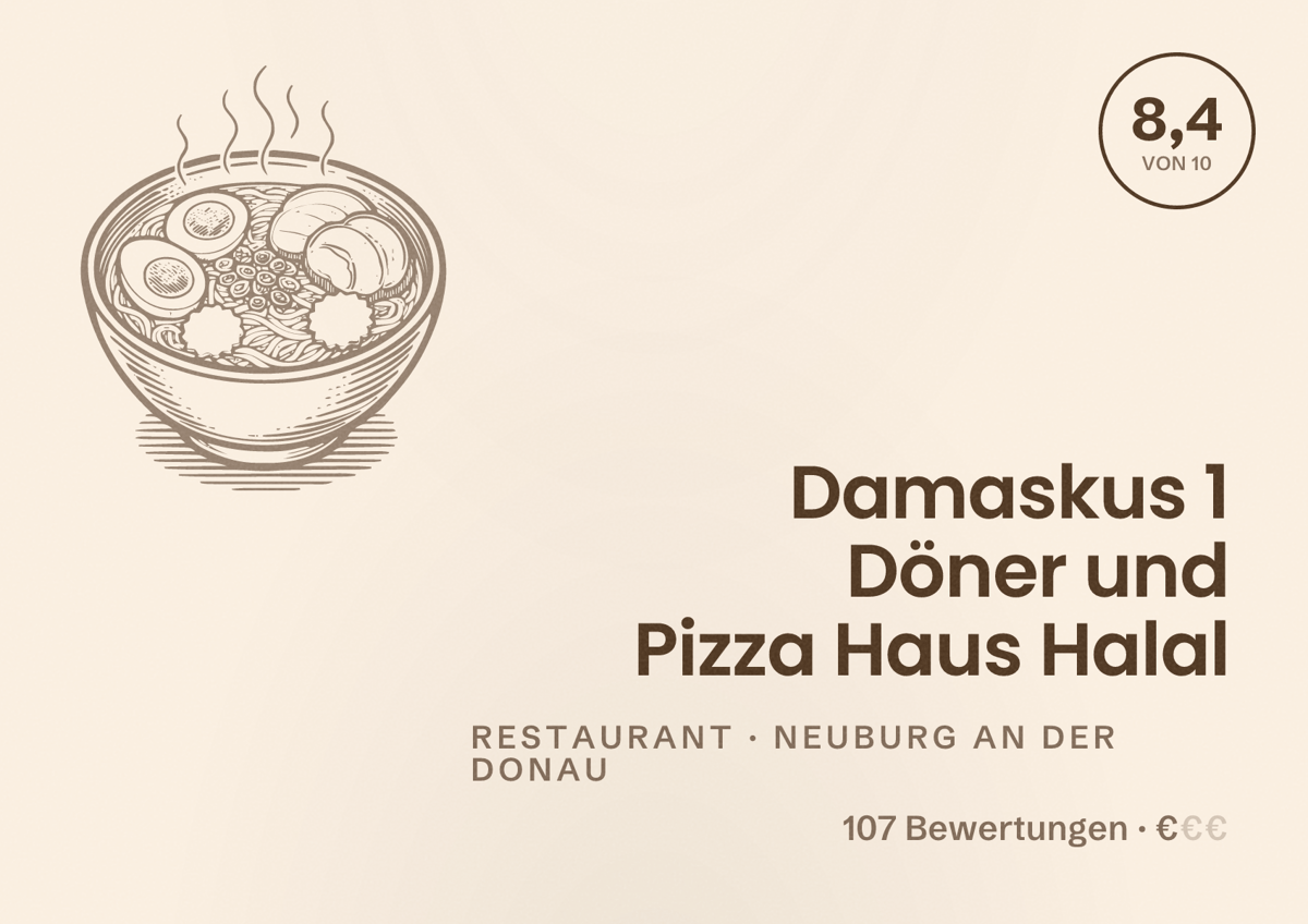 Illustriertes Poster von Damaskus 1 Döner und Pizza Haus Halal, Restaurant in Neuburg an der Donau: Bewertung 8,4 von 10 aus 107 Bewertungen, Preisniveau €