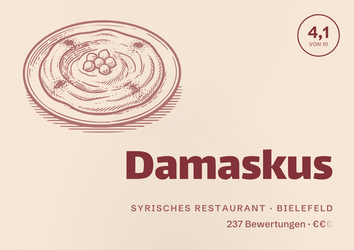 Illustriertes Poster von Damaskus, Syrisches Restaurant in Bielefeld: Bewertung 4,1 von 10 aus 237 Bewertungen, Preisniveau €€