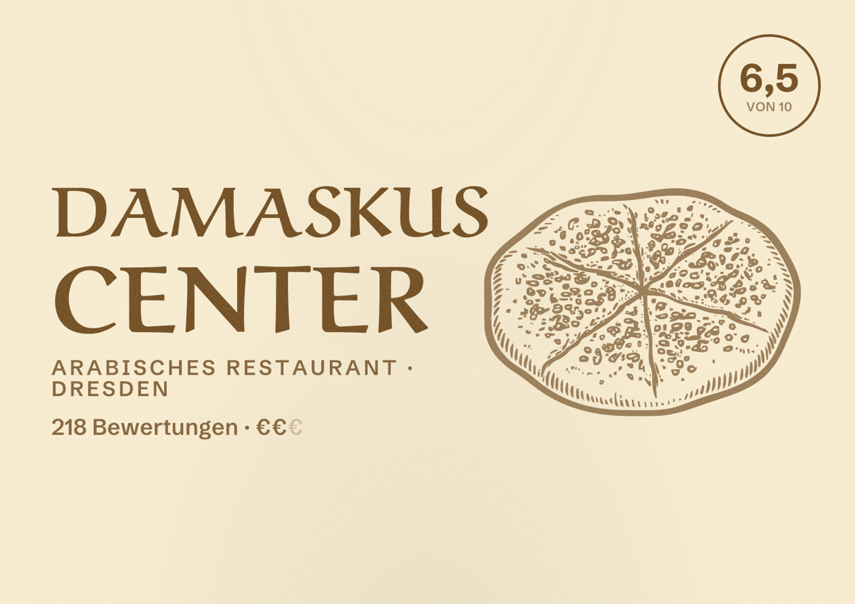 Illustriertes Poster von Damaskus Center, Arabisches Restaurant in Dresden: Bewertung 6,5 von 10 aus 218 Bewertungen, Preisniveau €€
