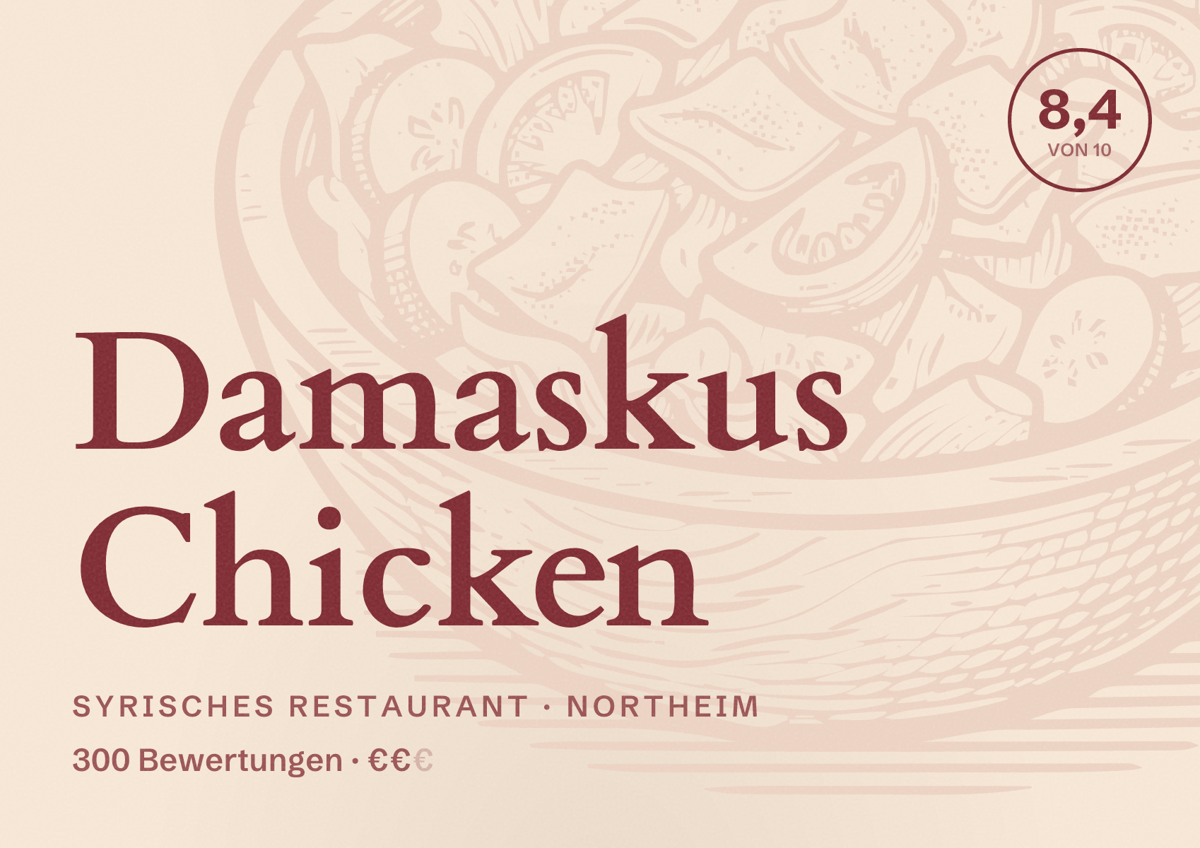 Illustriertes Poster von Damaskus Chicken, Syrisches Restaurant in Northeim: Bewertung 8,4 von 10 aus 300 Bewertungen, Preisniveau €€