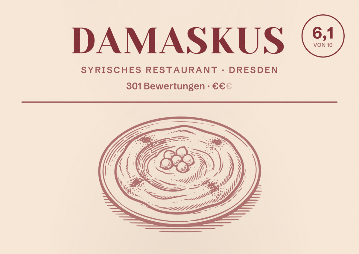 Illustriertes Poster von Damaskus, Syrisches Restaurant in Dresden: Bewertung 6,1 von 10 aus 301 Bewertungen, Preisniveau €€