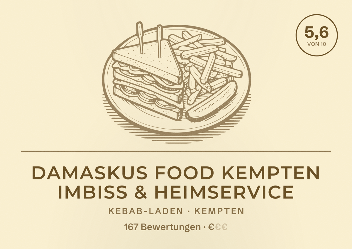 Illustriertes Poster von Damaskus Food Kempten Imbiss & Heimservice, Kebab-Laden in Kempten: Bewertung 5,6 von 10 aus 167 Bewertungen, Preisniveau €