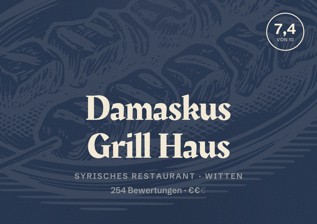 Illustriertes Poster von Damaskus Grill Haus, Syrisches Restaurant in Witten: Bewertung 7,4 von 10 aus 254 Bewertungen, Preisniveau €€