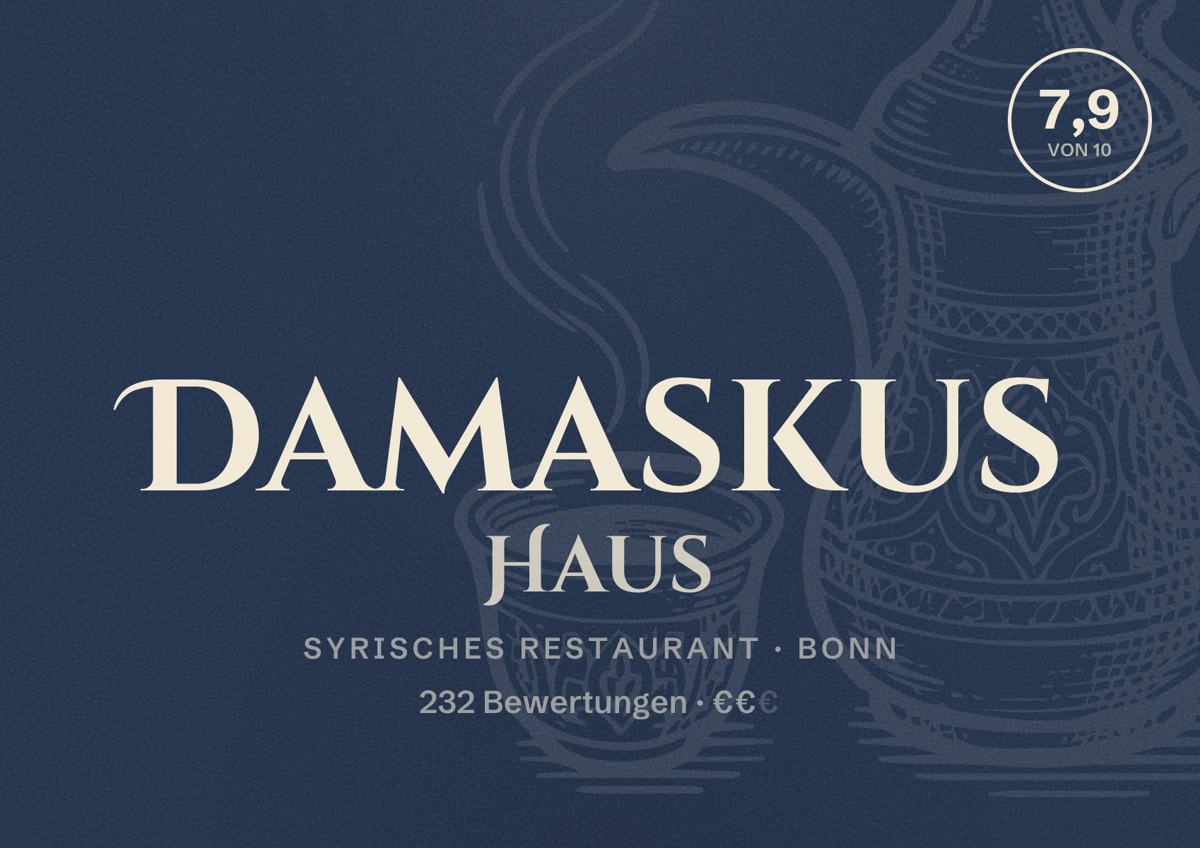 Illustriertes Poster von Damaskus Haus, Syrisches Restaurant in Bonn: Bewertung 7,9 von 10 aus 232 Bewertungen, Preisniveau €€