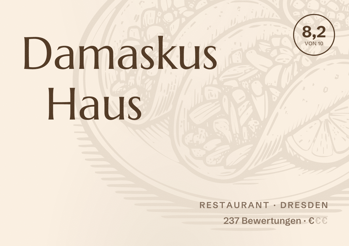 Illustriertes Poster von Damaskus Haus, Restaurant in Dresden: Bewertung 8,2 von 10 aus 237 Bewertungen, Preisniveau €