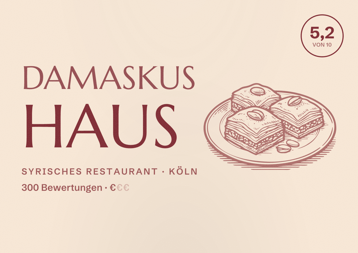 Illustriertes Poster von Damaskus Haus, Syrisches Restaurant in Köln: Bewertung 5,2 von 10 aus 300 Bewertungen, Preisniveau €