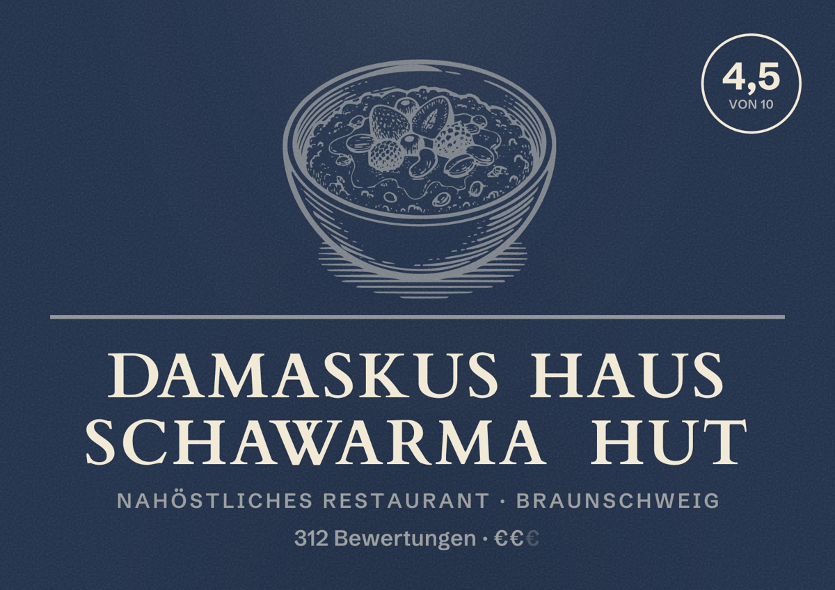 Illustriertes Poster von Damaskus Haus Schawarma Hut, Nahöstliches Restaurant in Braunschweig: Bewertung 4,5 von 10 aus 312 Bewertungen, Preisniveau €€