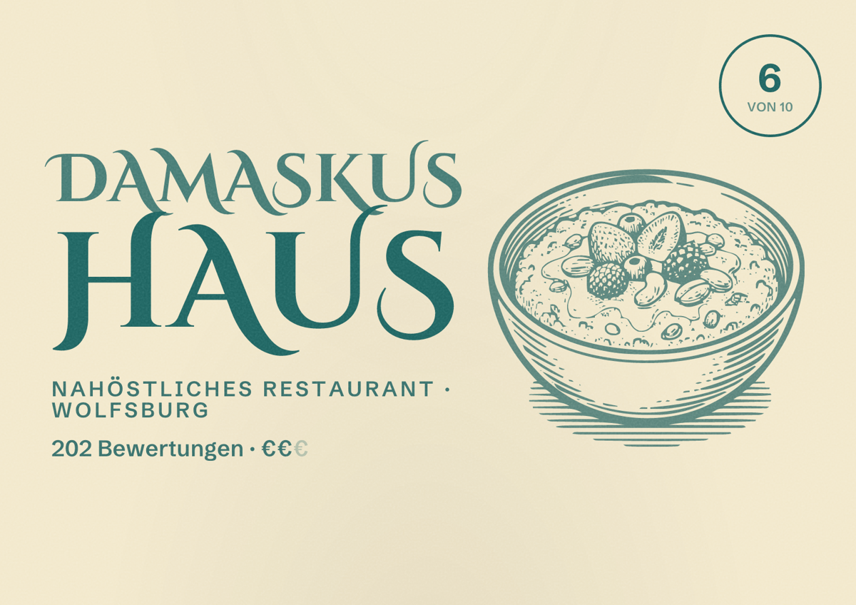 Illustriertes Poster von Damaskus Haus, Nahöstliches Restaurant in Wolfsburg: Bewertung 6,0 von 10 aus 202 Bewertungen, Preisniveau €€